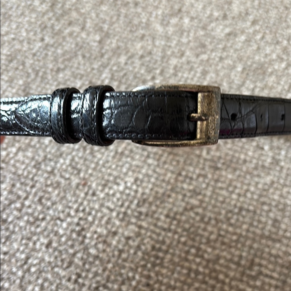 EUC/vintage Ralph Lauren Black Belt, silver buckle sz 28”/70